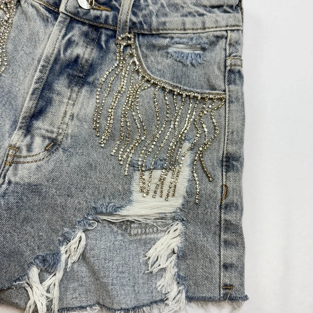 Adika Blue Jean Shorts Rhinestone Fringe Distressed Cut-Off Style - Picture 3 of 4